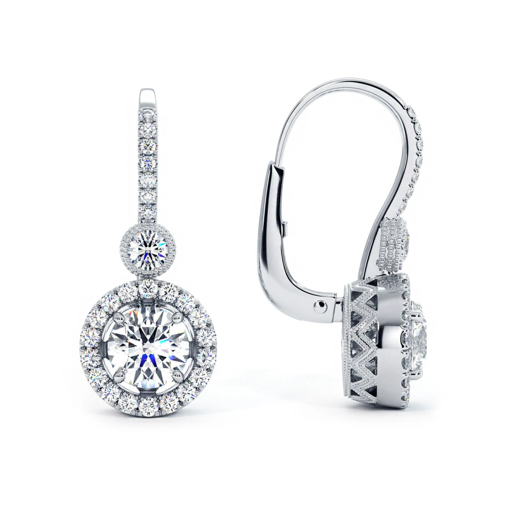 1.74 Carat Round Diamond Leverback Hanging Drop Earrings 18k White Gold