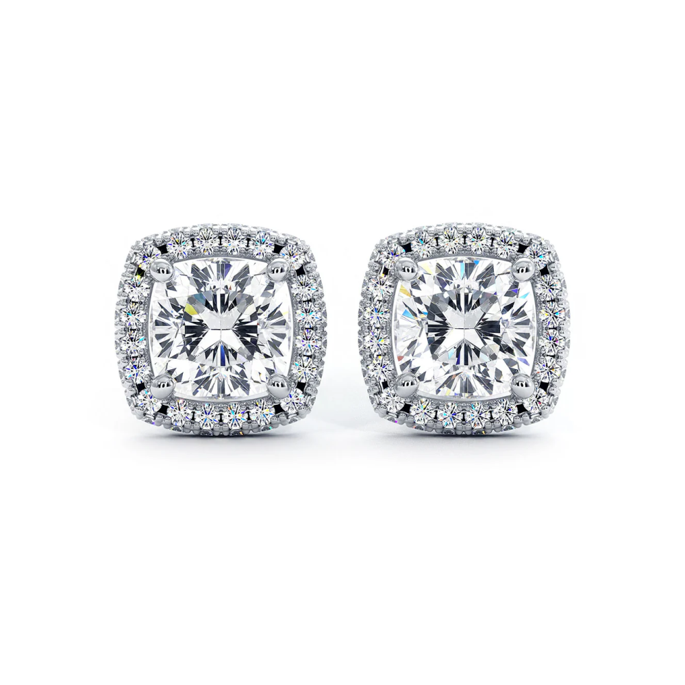 2.65 Carat F-SI Cushion Cut Pave Halo Diamond Studs Earrings 18k White Gold