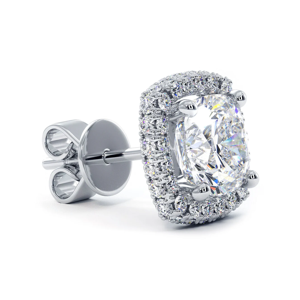 2.65 Carat F-SI Cushion Cut Pave Halo Diamond Studs Earrings 18k White Gold