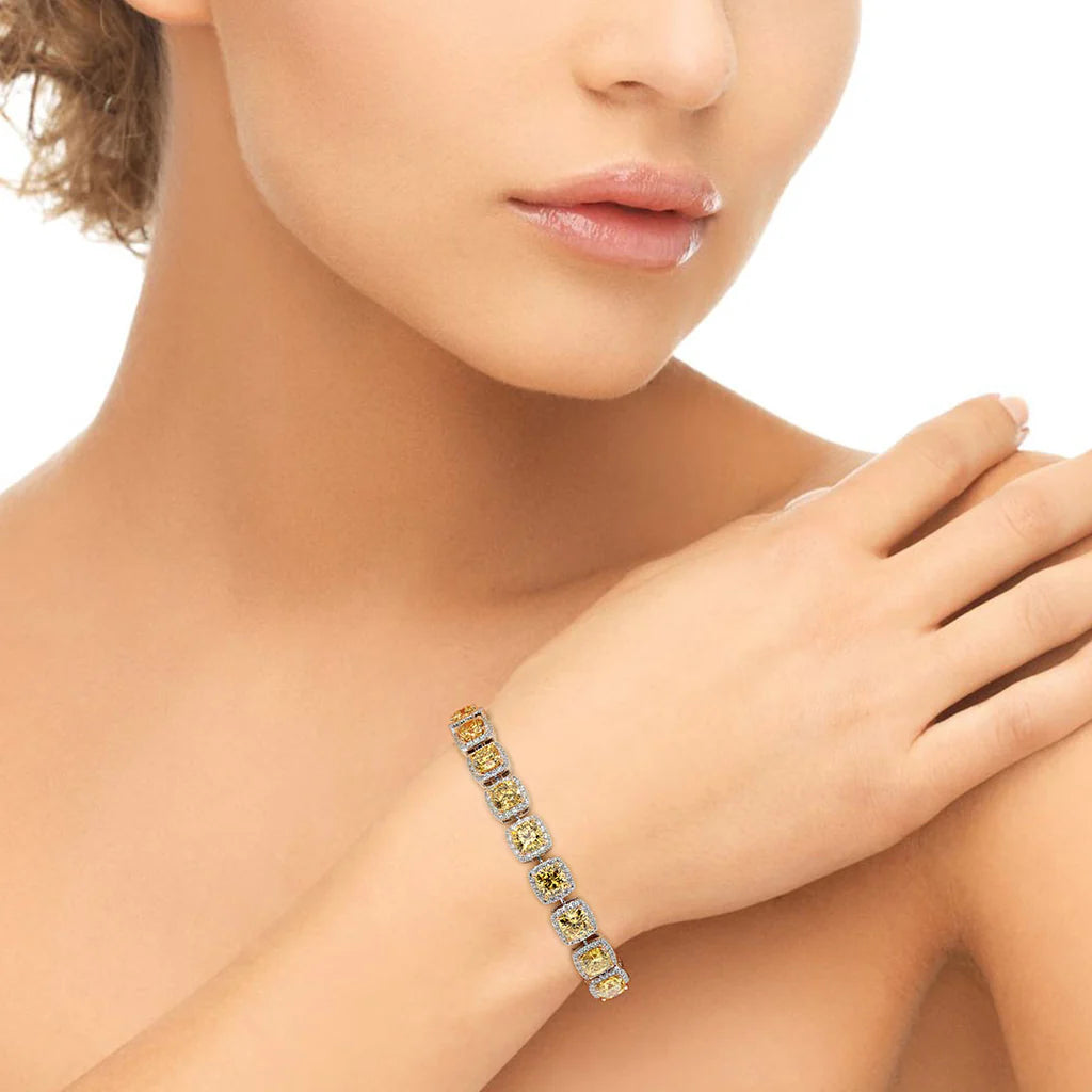 23.46 Carat Natural Fancy Yellow Diamond Bracelet Pave Halo 18k White Gold